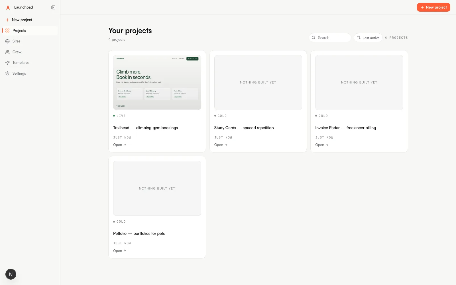 The projects page: a grid of project cards inside the app shell, the first card showing a live screenshot of a built app