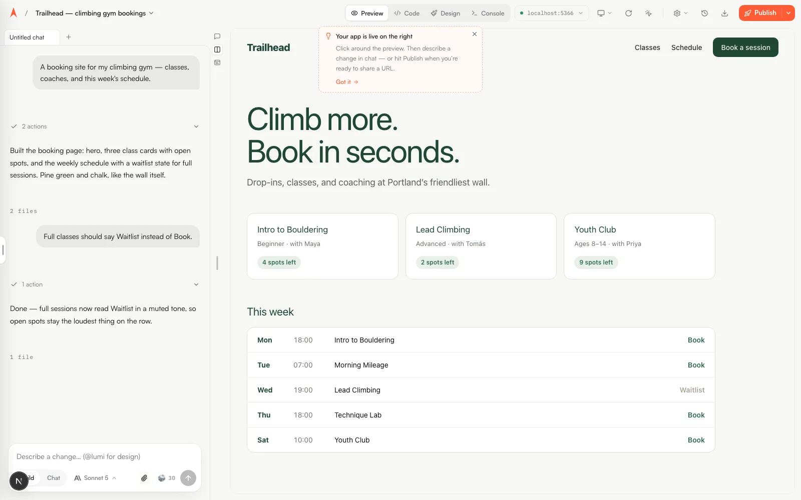 The workspace: a two-turn conversation on the left, the finished booking app running live in the preview on the right