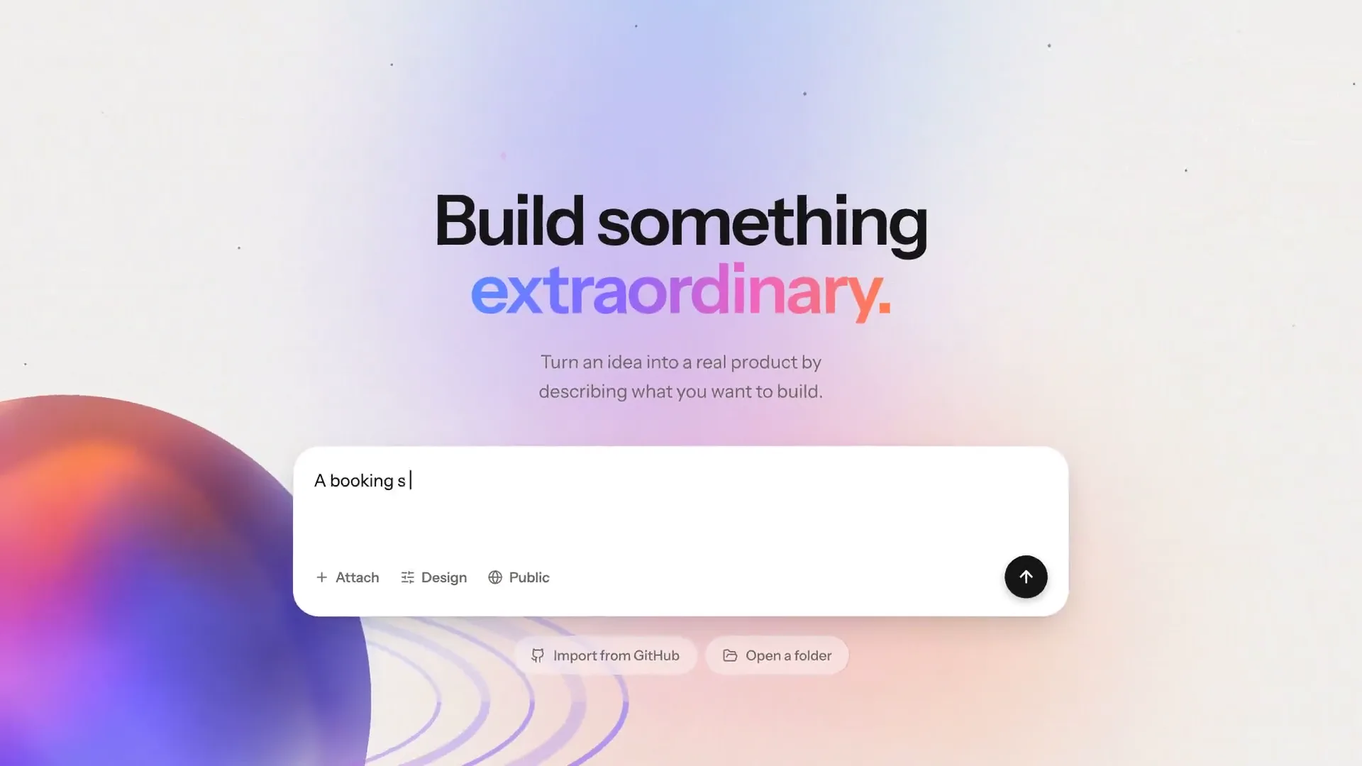 The first frame of the product tour: the landing page's composer with a booking-site prompt being typed